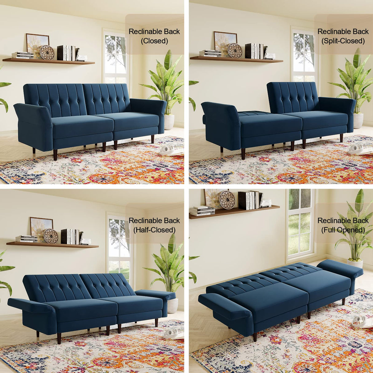 Velvet Convertible Futon Sofa Bed Memory Foam Futon Couch Sleeper Sofa Blue