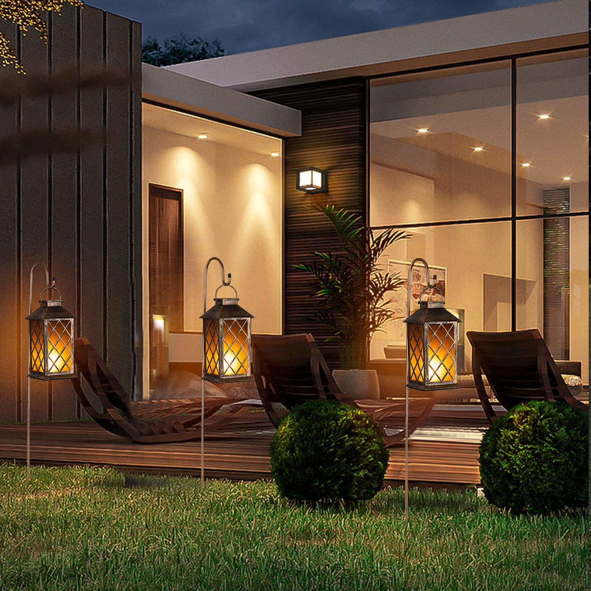 2Pack Solar Metal Hanging Lantern Flickering Candle with Shepherd Hook