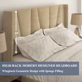 King Bed Frame/Upholstered Platform Bed with Geometric Wingback Headboard