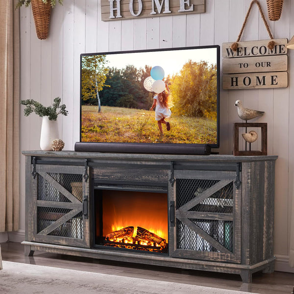 Fireplace TV Stand for 70 75 Inch TV, Industrial & Farmhouse Entertainment Center
