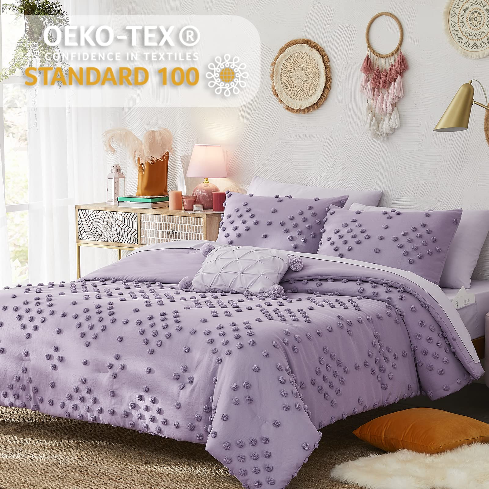 Queen Comforter Set, Purple 8 Pieces Aesthetic Pom Comforter Sets
