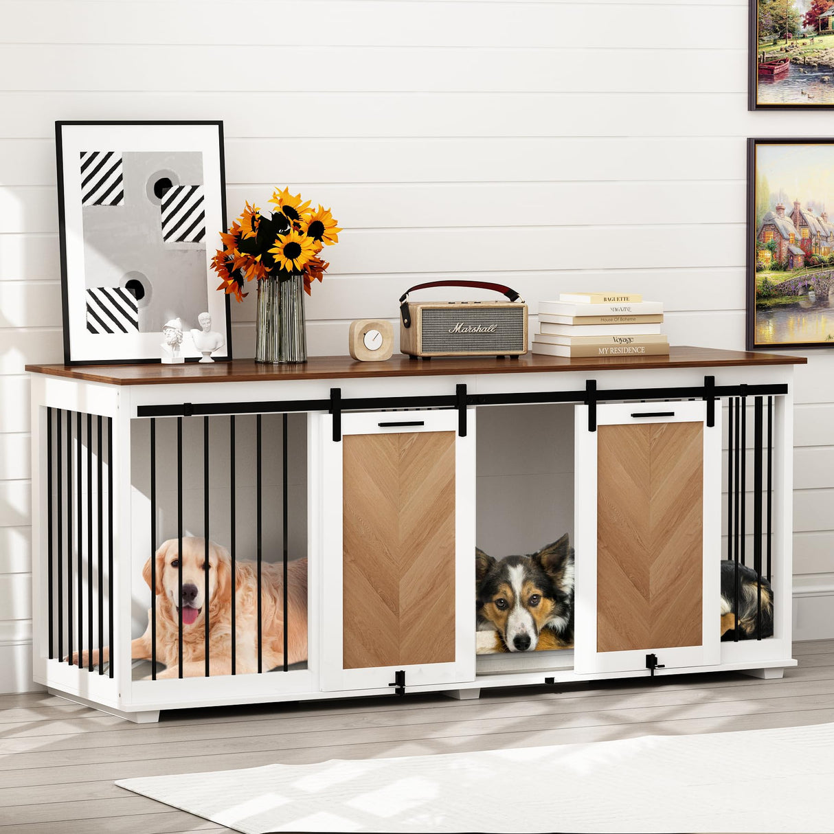 72.4" Large Double Dog Crate Furniture, Wooden Dog Crate Kennel Furniture