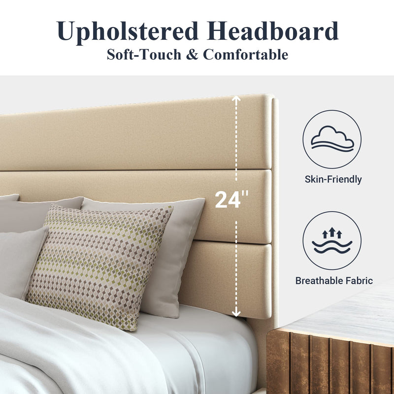 Queen Size Platform Bed Frame with Fabric Upholstered Headboard and Wooden Slats Support