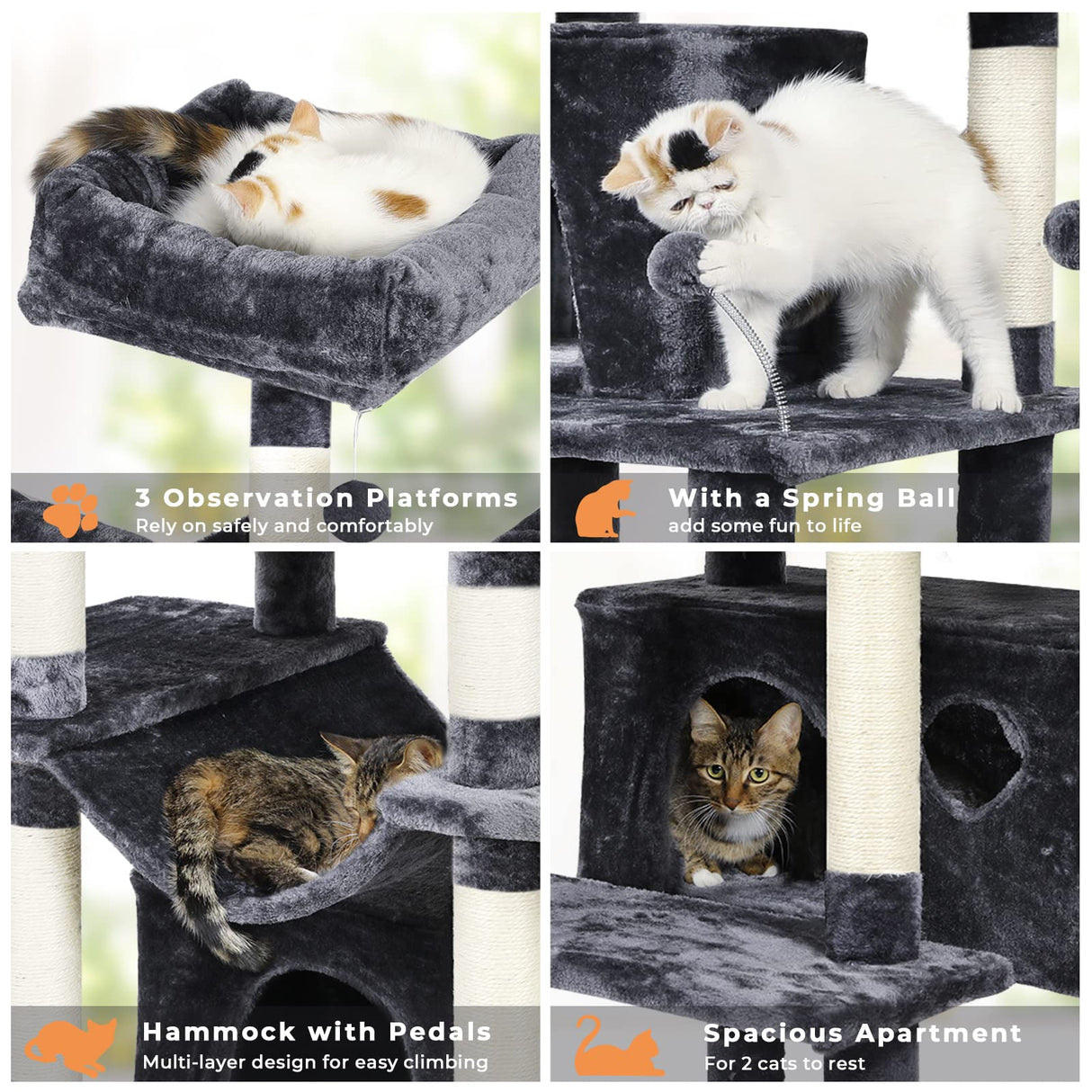 67" Large Cat Tree, Multi-Level Cat Tower with 3 Top Perches, 2 High Plush Condos