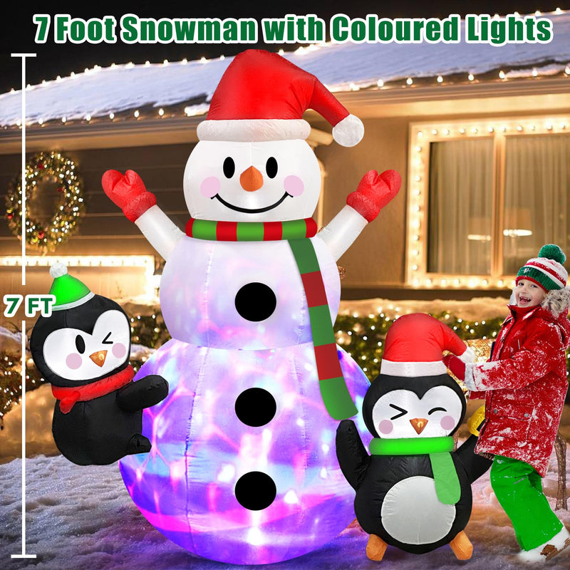 7 FT Christmas Inflatable Snowman with Penguins Built-in Rotating Colorful LED Lights