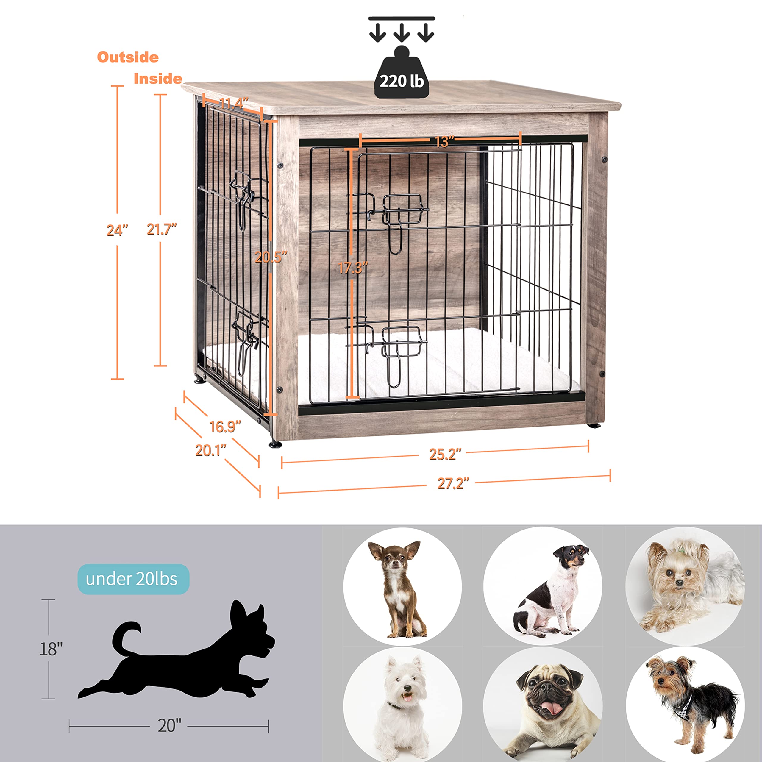 Dog Crate Furniture with Cushion, Wooden Dog Crate with Double Doors, Dog Furniture