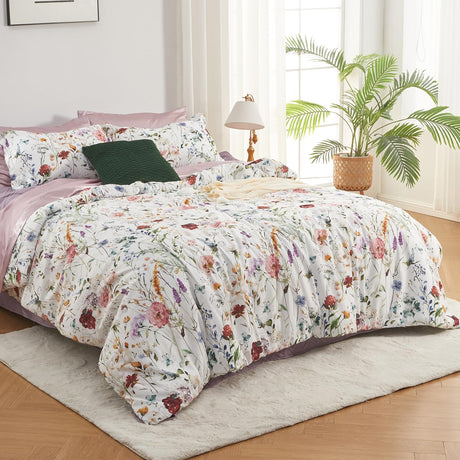 Floral Comforter Set, Twin Size Comforter Set with Flowers Leaves Pattern On White