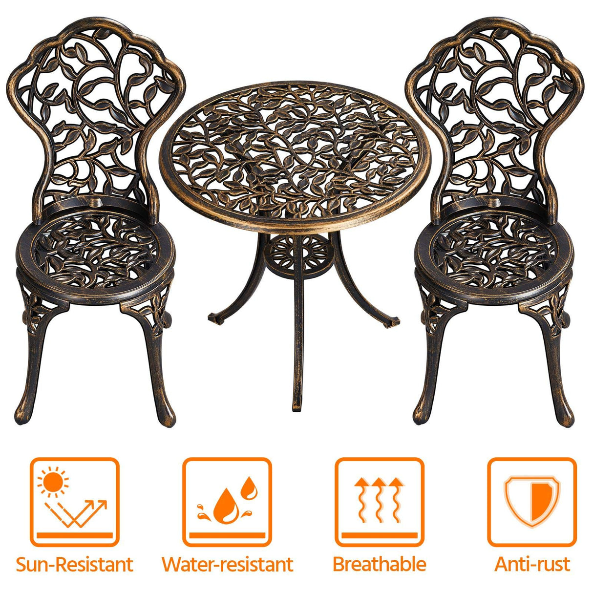 3-Piece Outdoor Bistro Set Leaf Design, Rust-Resistant Cast Aluminum Table