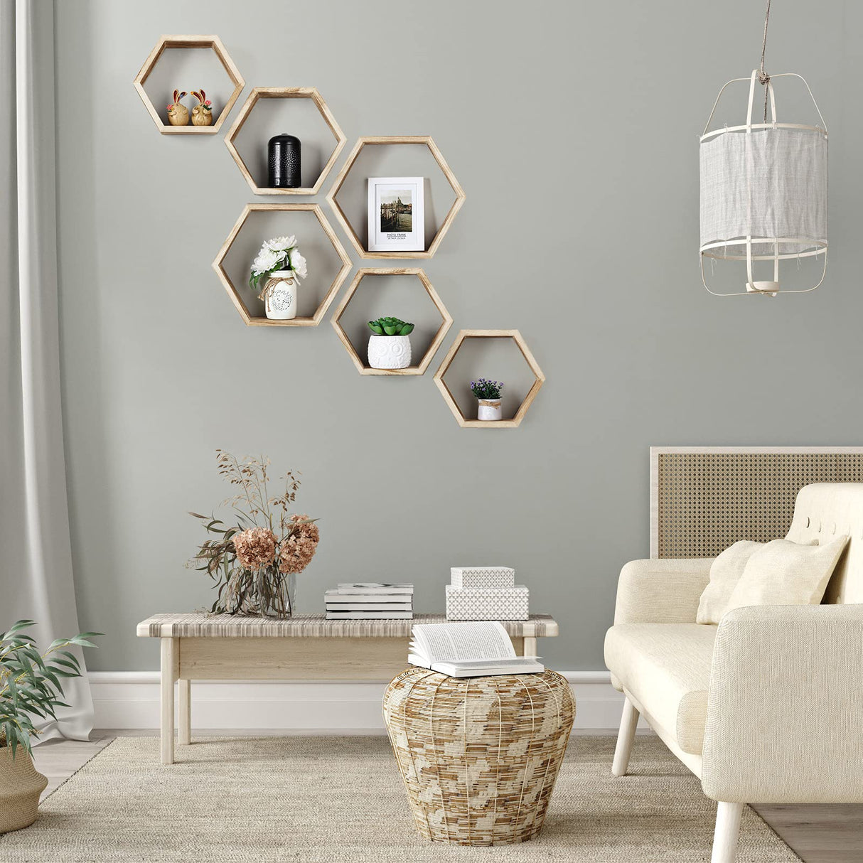 Hexagonal Floating Shelves Wall Mounted Set of 6 Wood Farmhouse Storage Honeycomb