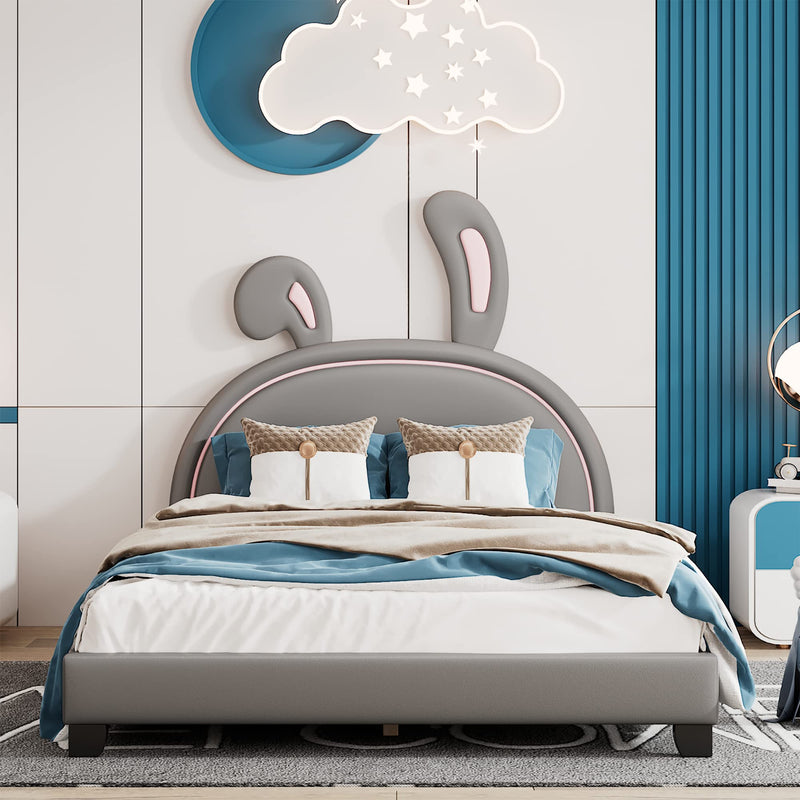 Full Size Upholstered Leather Platform Bed with Bunny Ears Headboard