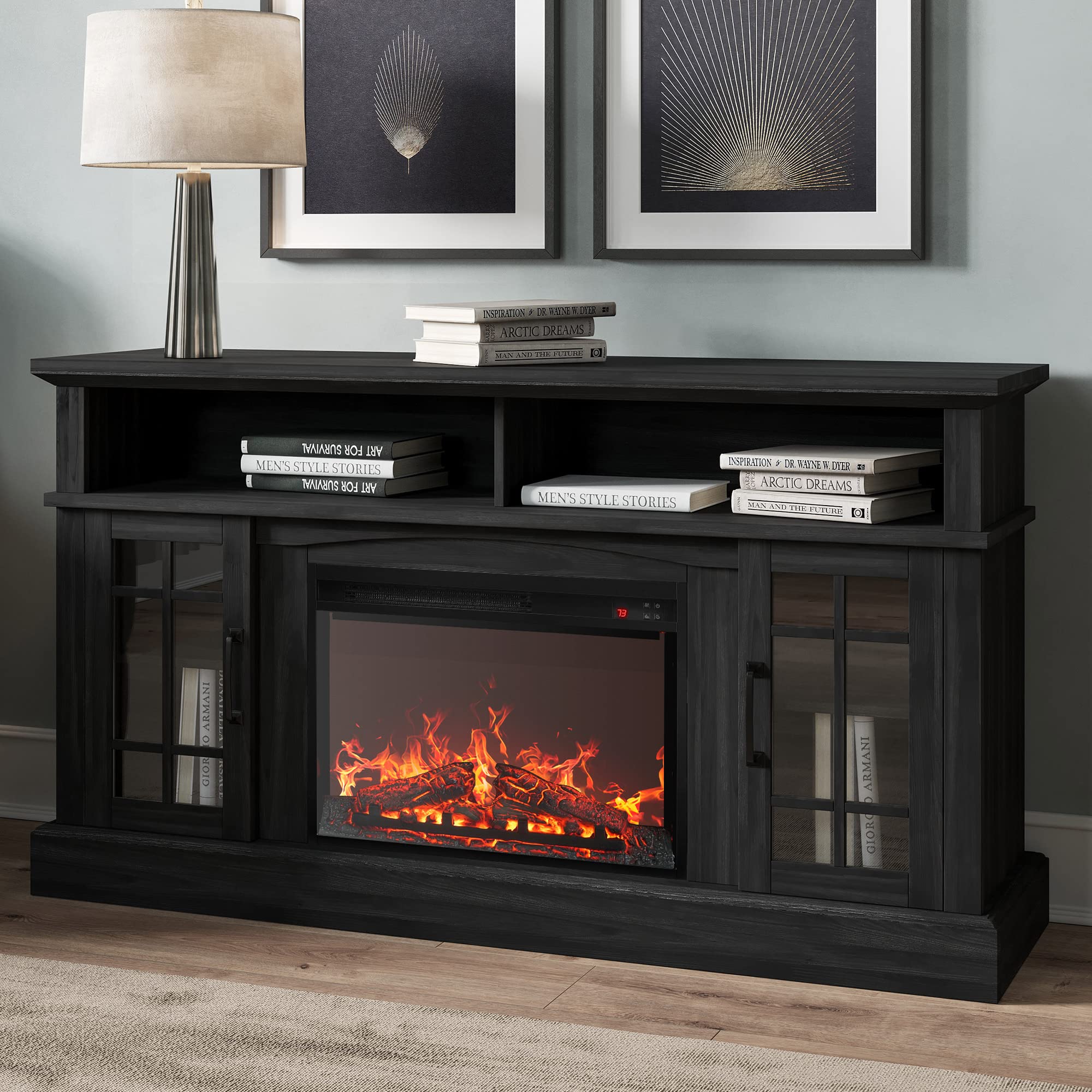 Traditional 58" Rustic TV Stand with 23" Electric Fireplace Heater
