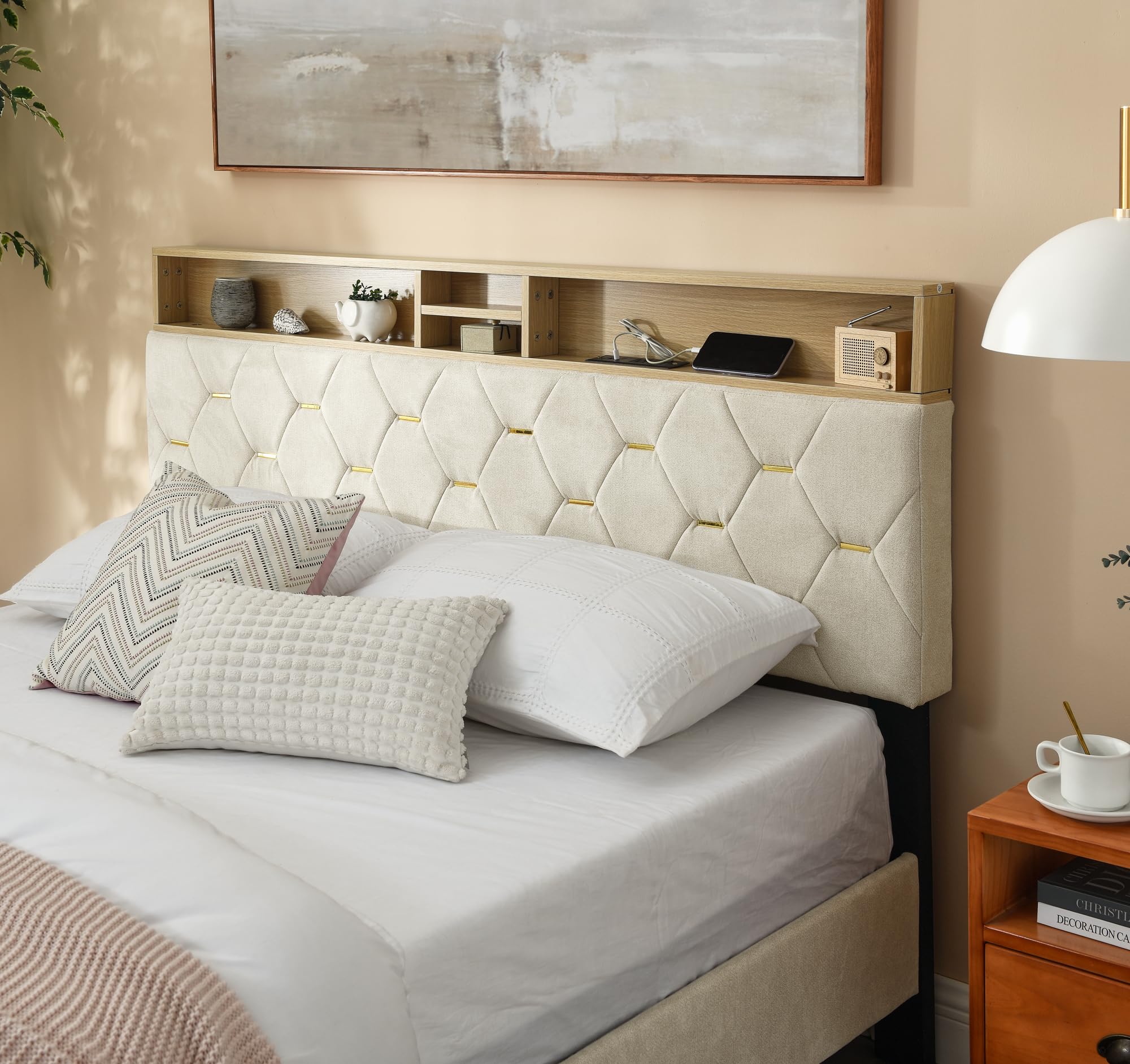 Queen Bed Frame with Storage Shelves & USB Charging Ports Headboard