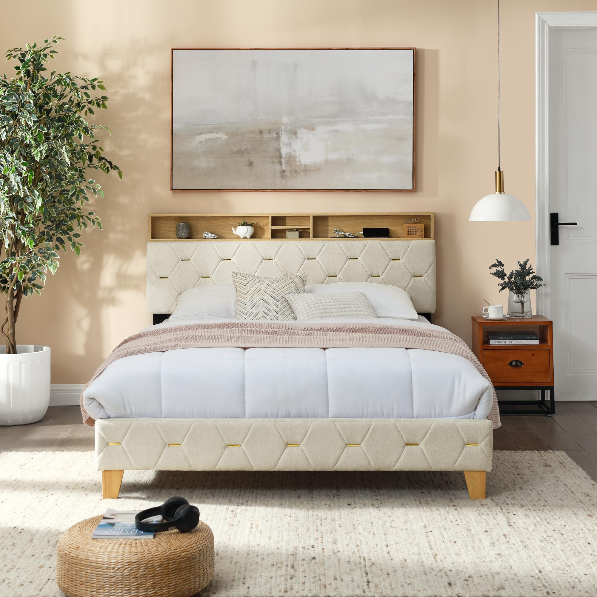 Queen Bed Frame with Storage Shelves & USB Charging Ports Headboard