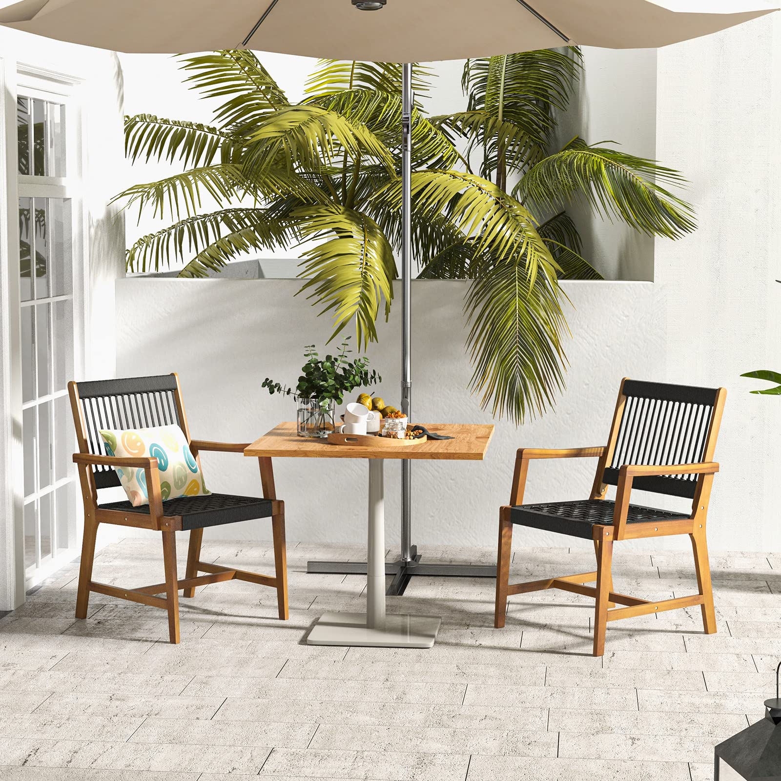 Outdoor Acacia Wood Dining Chairs Set of 4, All-Weather Rope Woven Patio Chairs