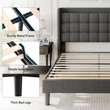 Queen Bed Frame with Button Tufted Headboard, Upholstered Platform Bed with Charging