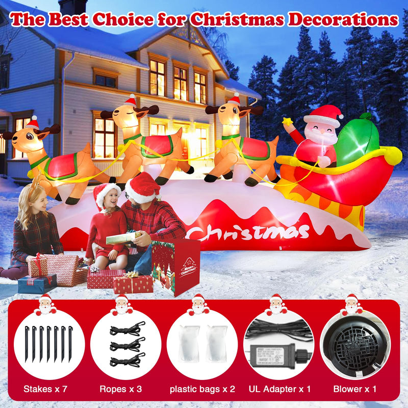 10 FT Long Chrismas Inflatable Santa Claus On Sleigh Pulled by 3 Reindeers Outdoor