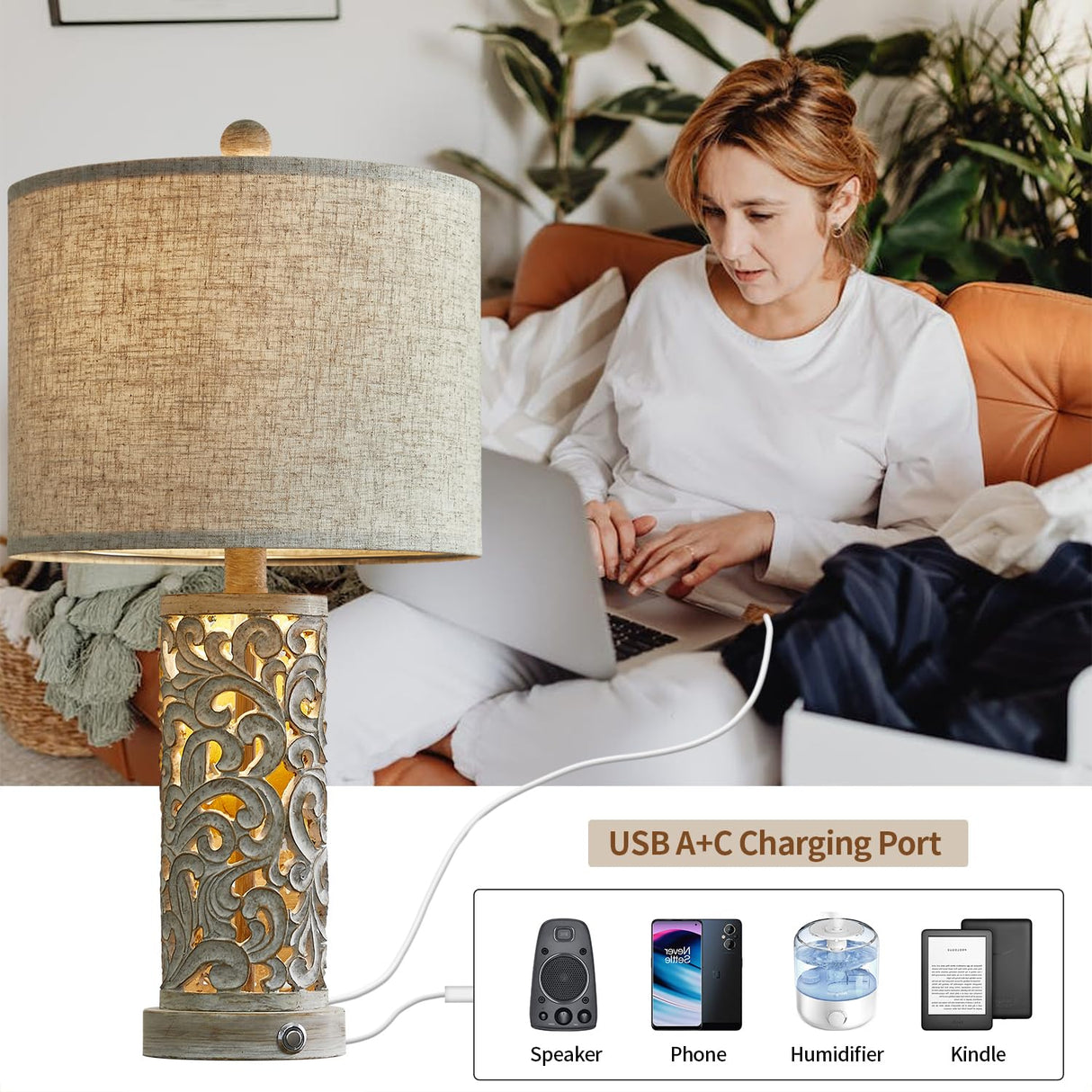 3-Way Dimmable 22'' USB A+C Touch Control Table Lamp