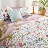 Floral Comforter Set, Twin Size Comforter Set with Flowers Leaves Pattern On White