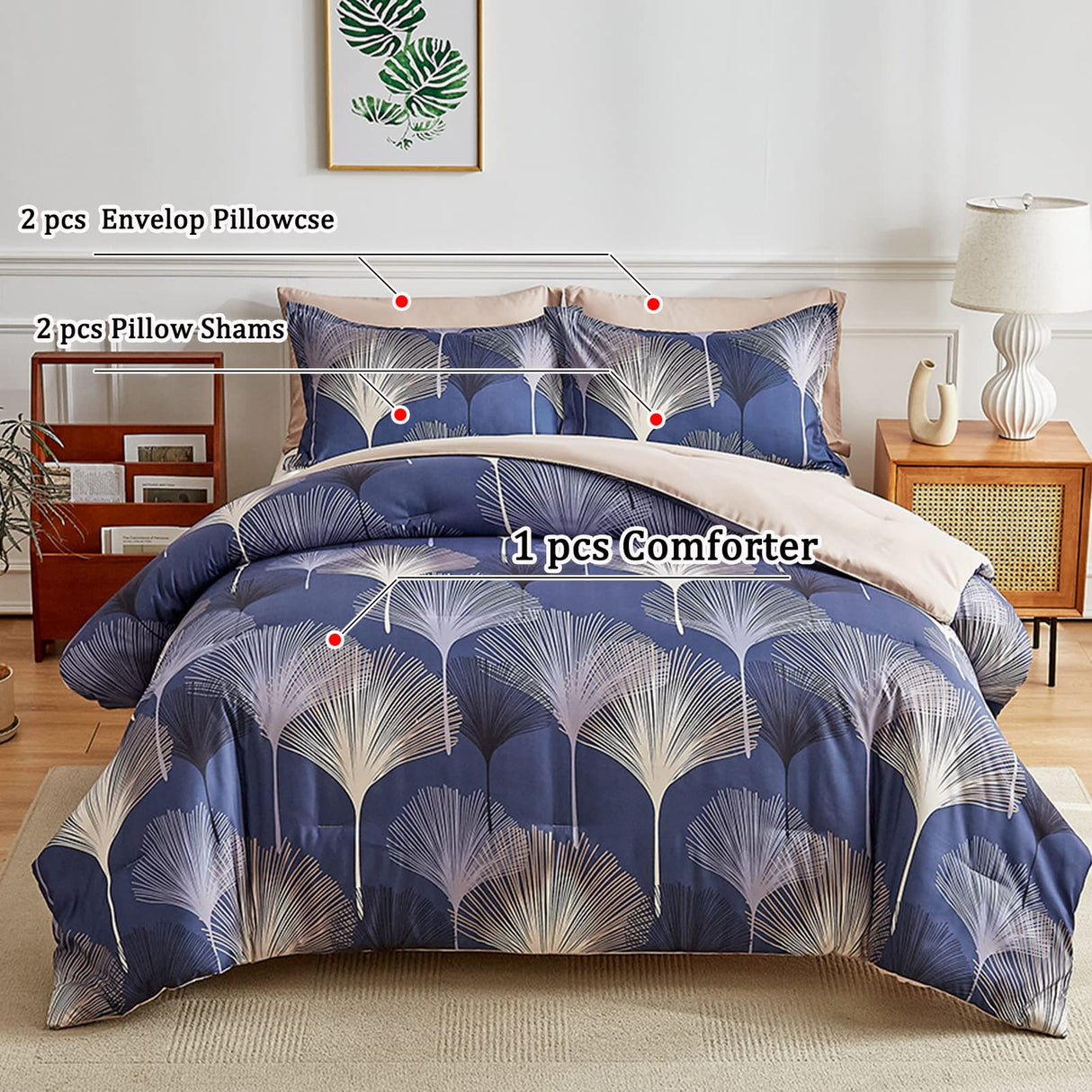 Navy Leaf Comforter Set King(91'' x 102'') Size Whole Piece Filling Light Weight Comforter