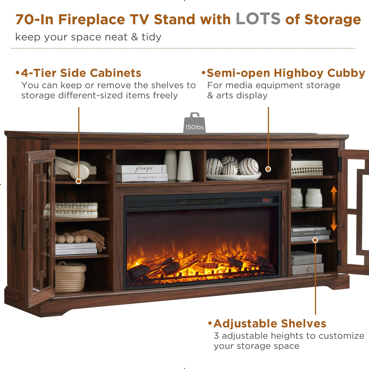 Fireplace TV Stand with 36" Electric Fireplace for 75 80 Inch TV, Farmhouse 32" Tall