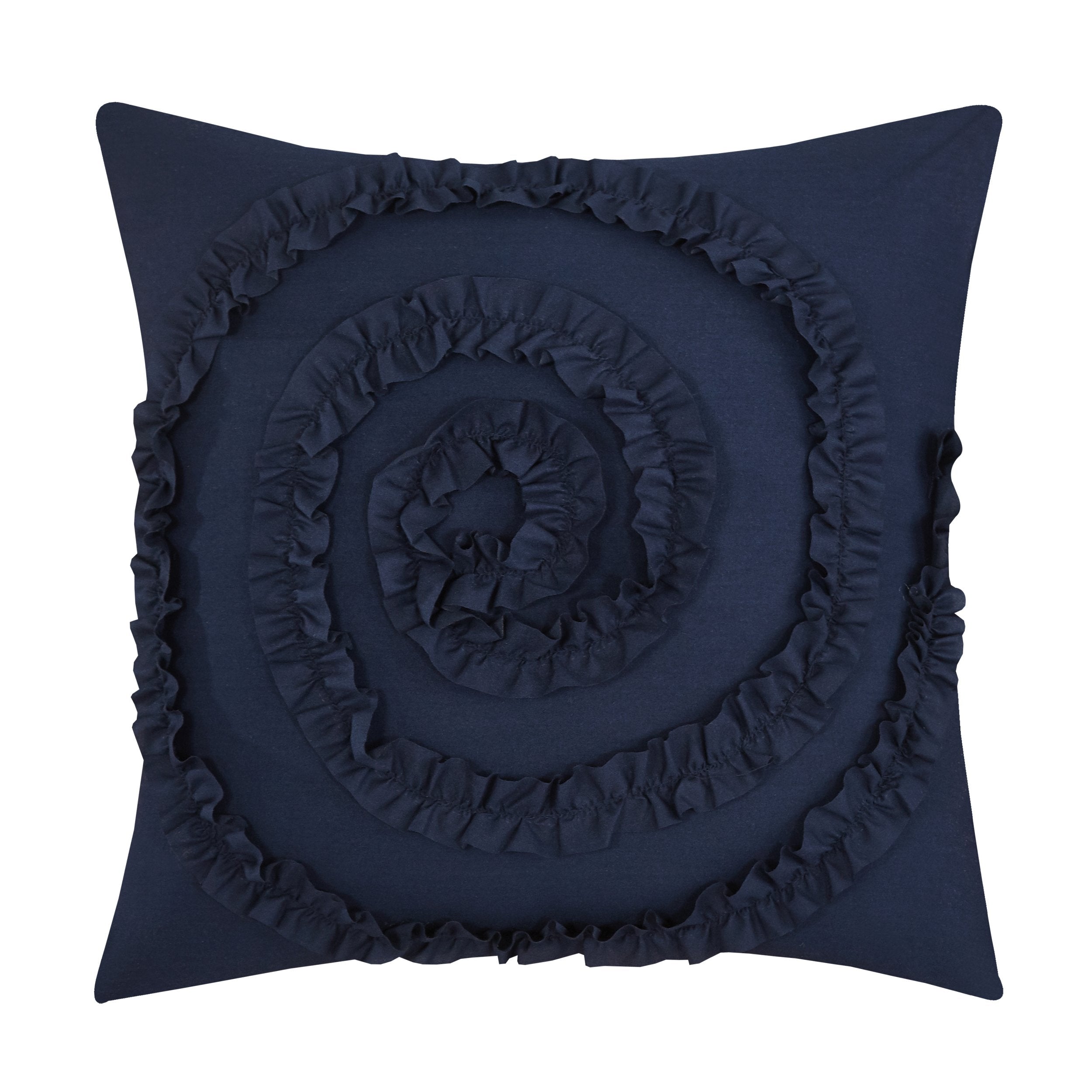 7 Piece Rosalia Floral Ruffled Etched Embroidery Comforter Set, Queen, Navy