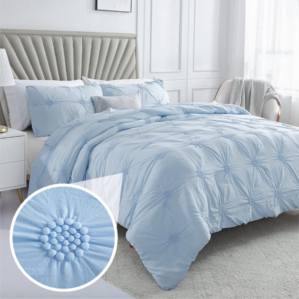 King Cal Baby Blue 3-Piece Down Alternative Comforter Set Bedding Ruched 3D Floral