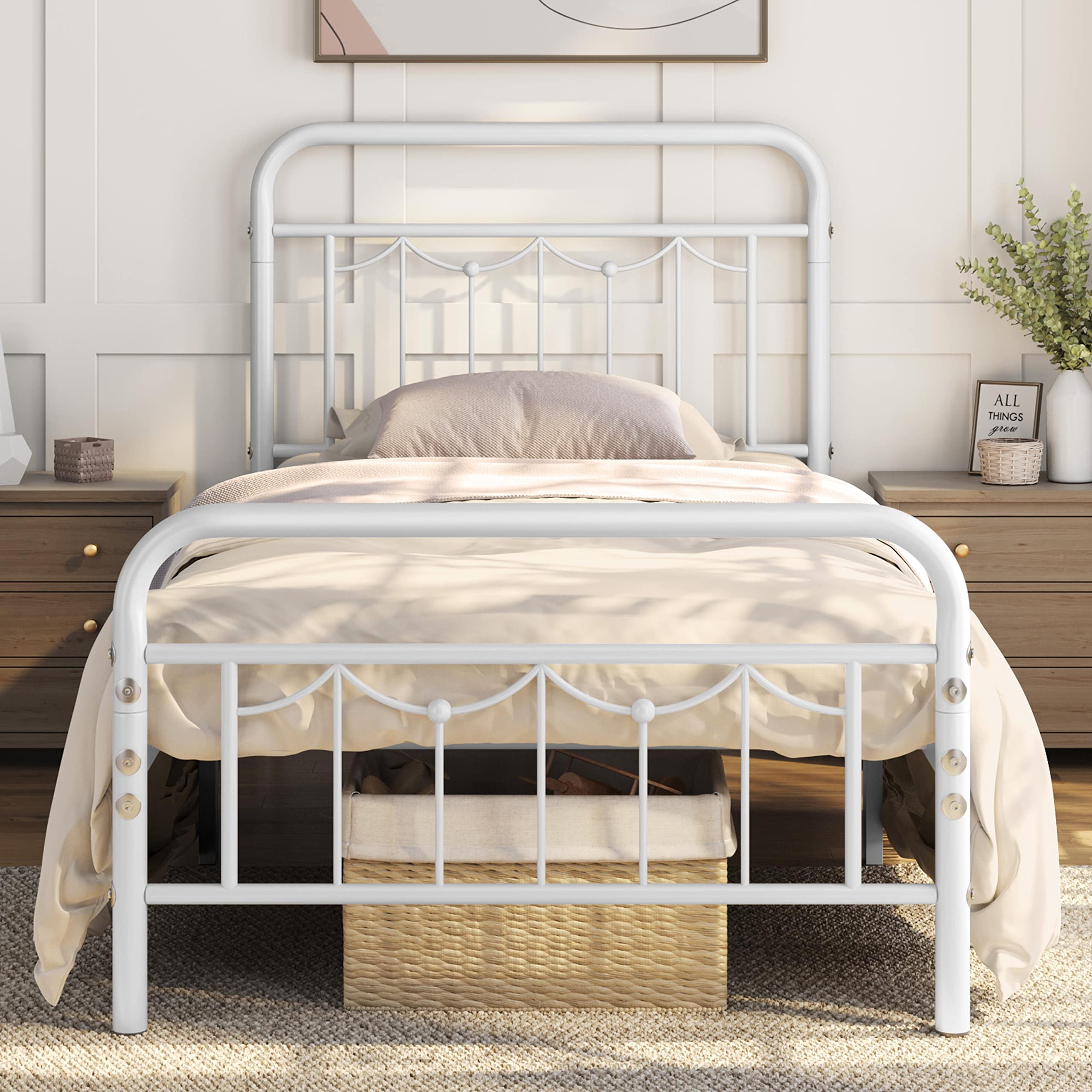 Twin Size Metal Bed Frame with Vintage Headboard and Footboard, Farmhouse Metal