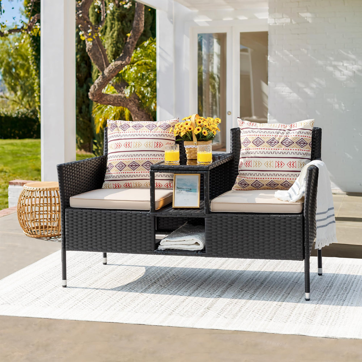 Outdoor Patio Loveseat Modern Rattan 2-Seat Patio Conversation Set