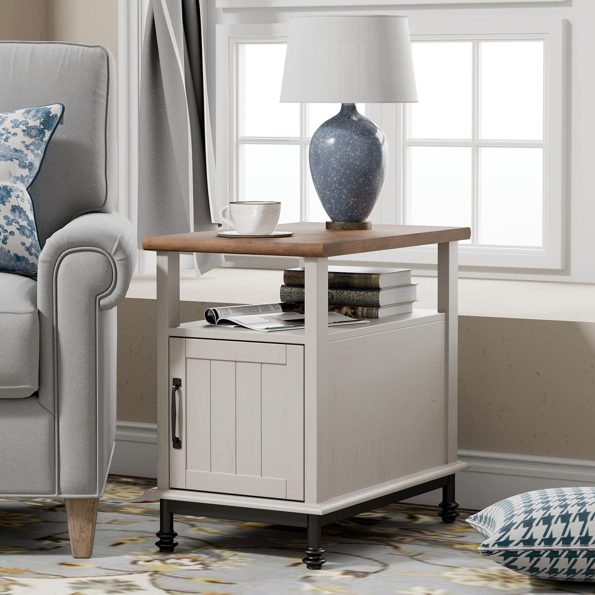 2 Pack Farmhouse End Table with Charging Station for Living Room