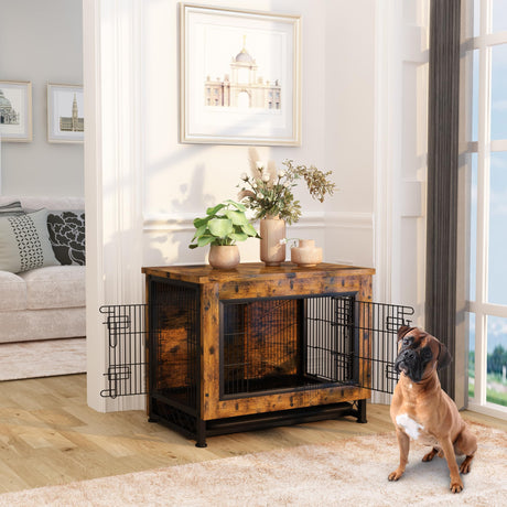 Wooden Dog Crate Furniture with 3 Doors, Dog Crate End Table with Tray