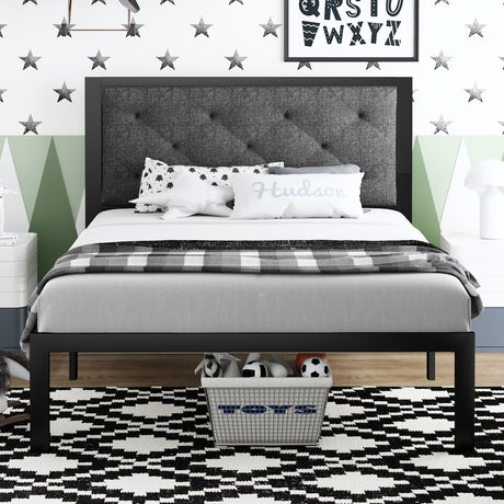 Twin Size Metal Platform Bed Frame,Fabric Upholstered Button Tufted Headboard