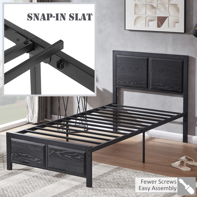 Twin Size Platform Bed Frame with Black Wood Headboard, Mattress Foundation