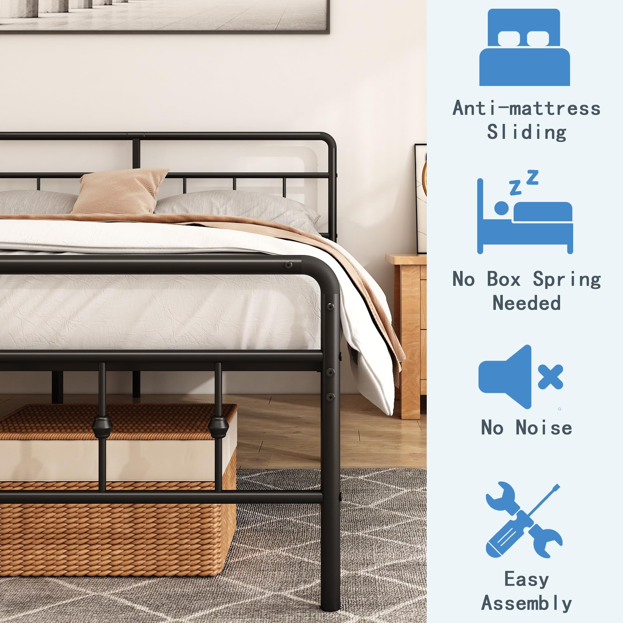 Queen Metal Bed Frame with Vintage Headboard and Footboard, Victorian Style Platform Bed Frame