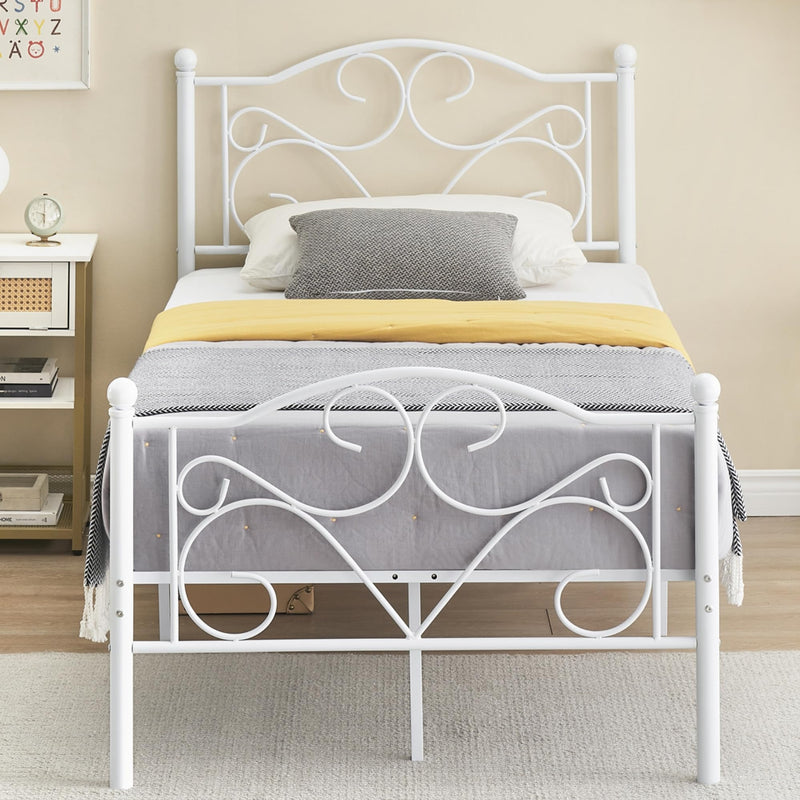 White Twin Bed Frame with Headboard and Footboard for Girls, Metal Platform Bed Frame