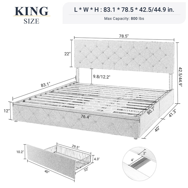 Upholstered King Size Platform Bed Frame with 4 Storage Drawers and Headboard
