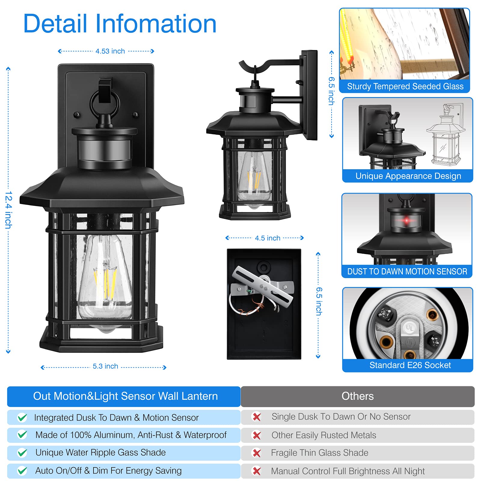 Outdoor Light Fixture With Sensor, Dusk To Dawn Exterior Lights Wall