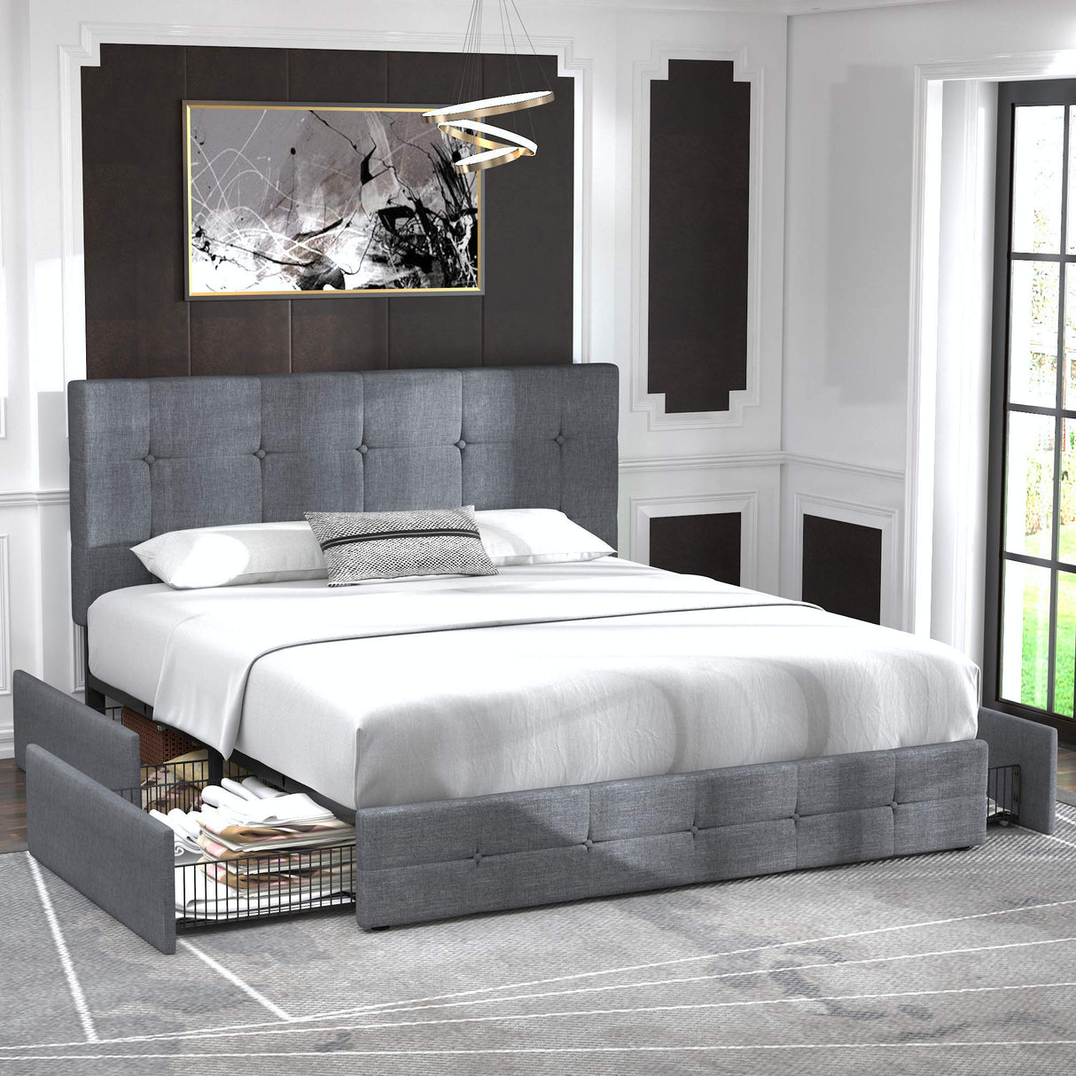 Upholstered Queen Size Platform Bed Frame with 4 Storage Drawers