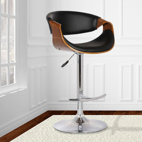 Butterfly Swivel Adjustable Barstool in Black Faux Leather and Walnut Wood Finish