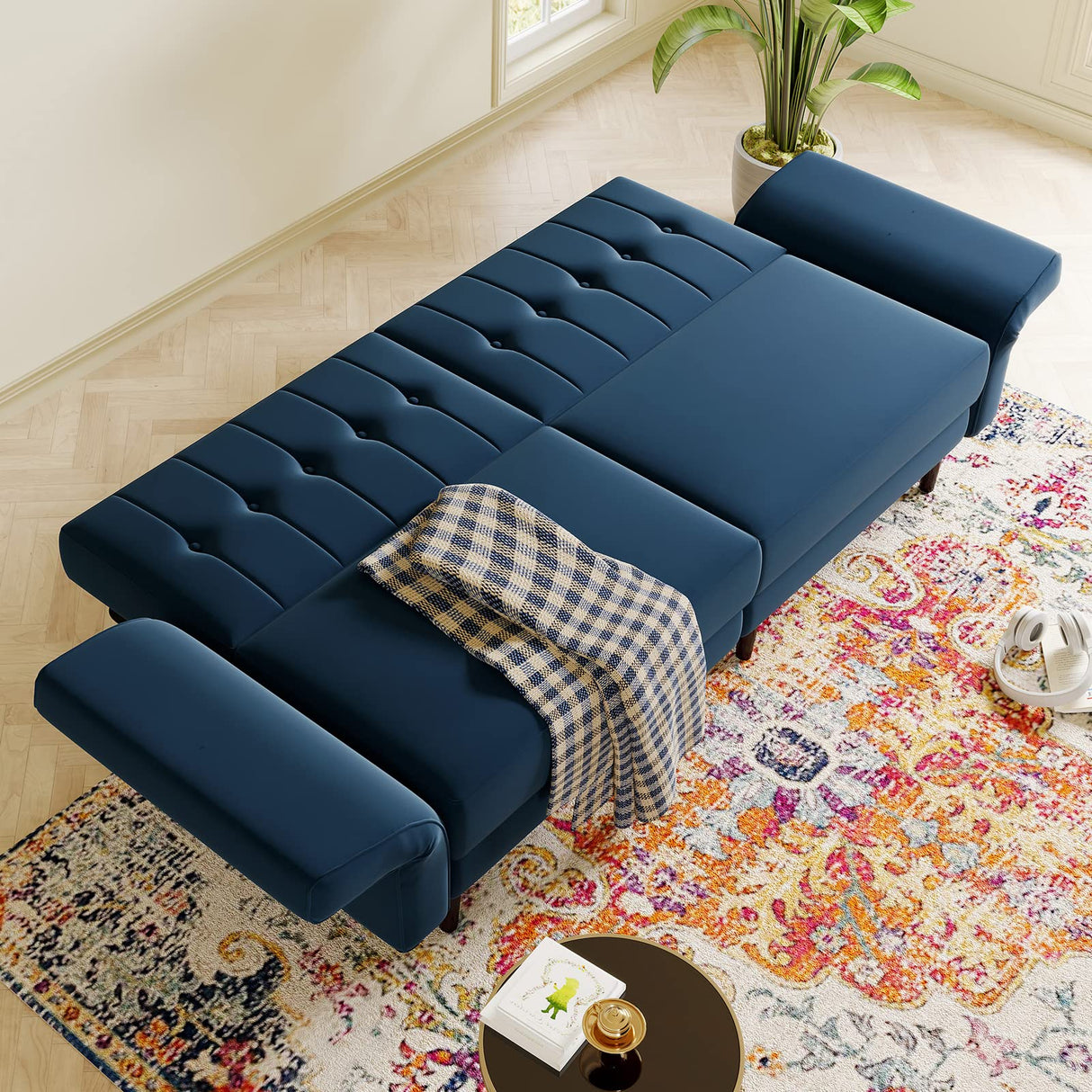 Velvet Convertible Futon Sofa Bed Memory Foam Futon Couch Sleeper Sofa Blue