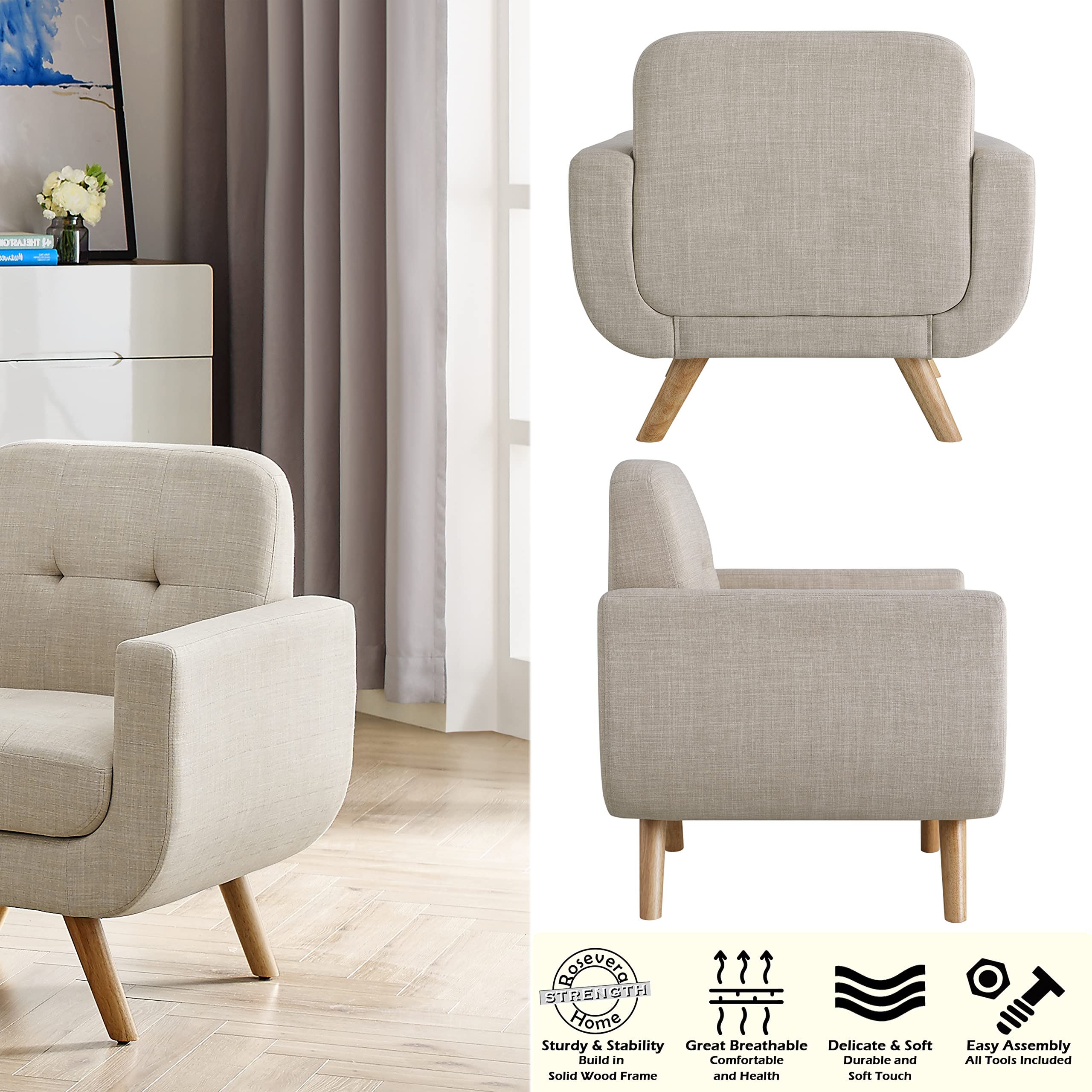 Elena Contemporary Accent Armchair with Linen Upholstery Living Room Furniture