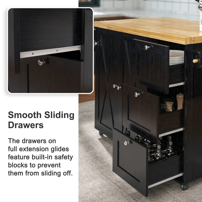 Rolling Kitchen Island Cart with Drop-Leaf Countertop, Barn 3Drawers