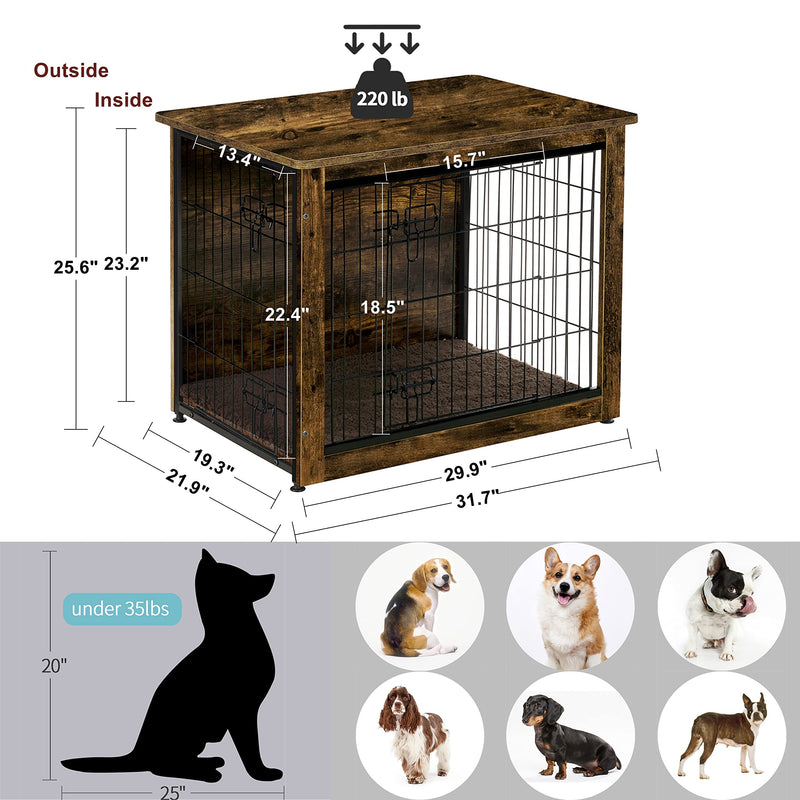Dog Crate Furniture with Cushion, Wooden Dog Crate Table, Double-Doors Dog Furniture