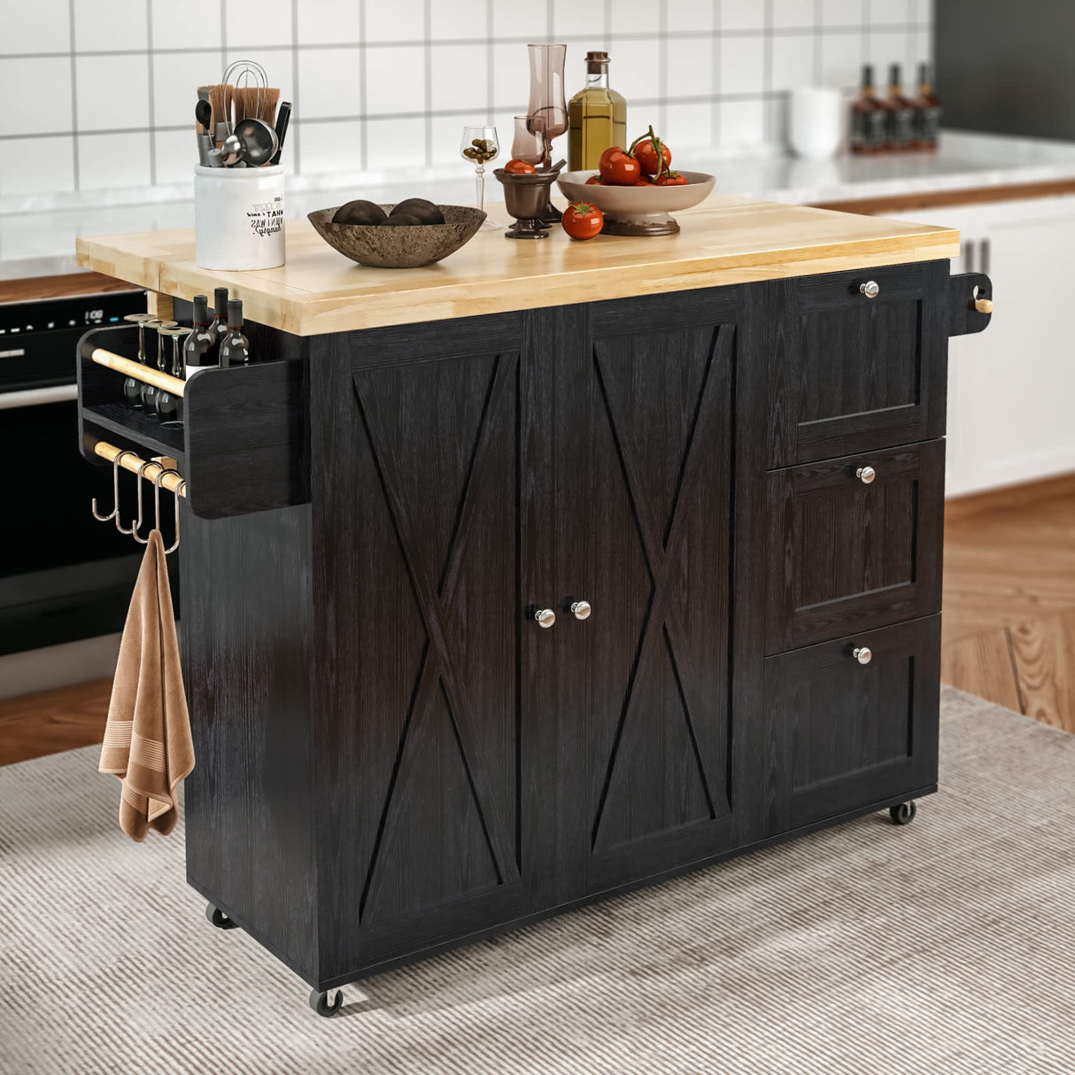 Rolling Kitchen Island Cart with Drop-Leaf Countertop, Barn 3Drawers