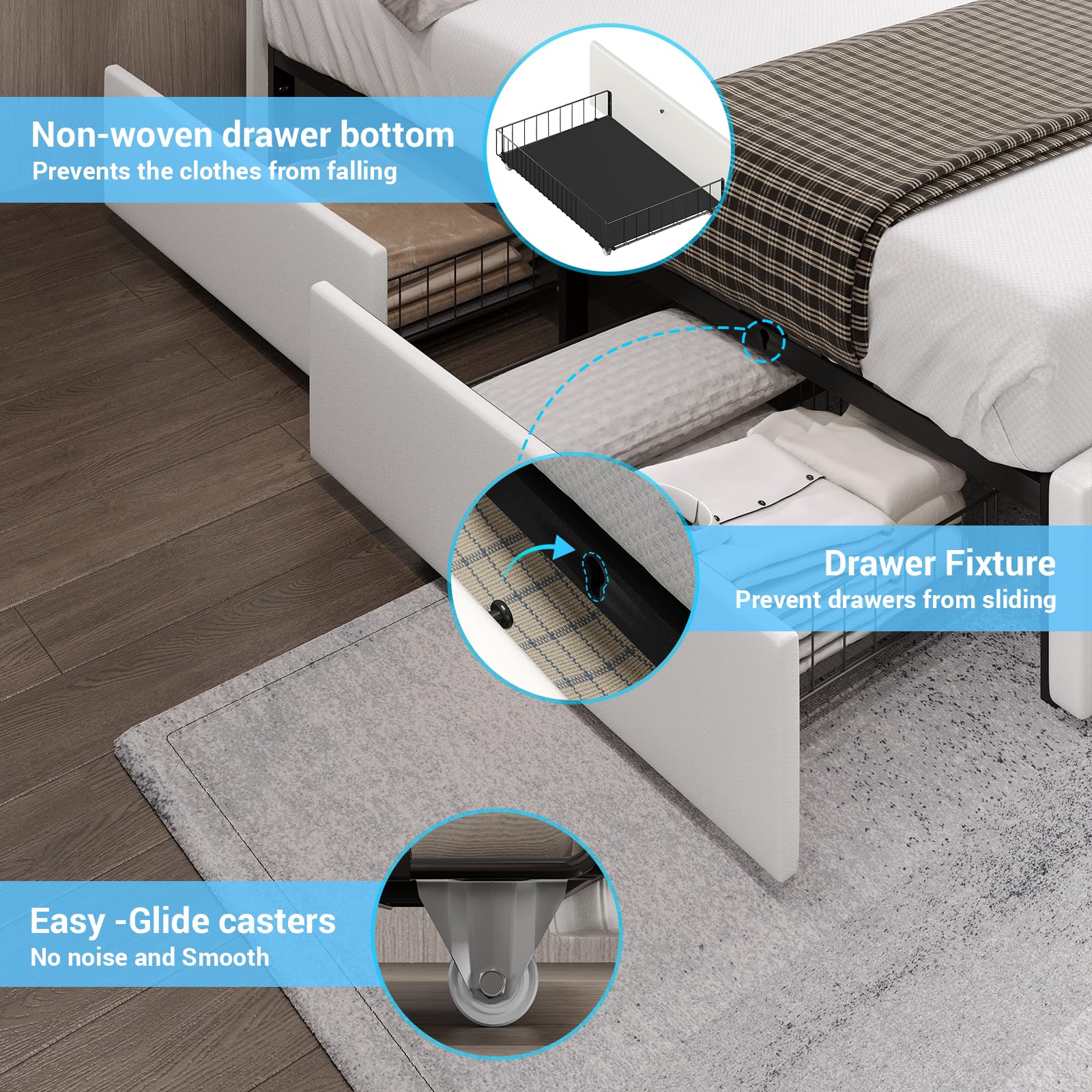California King Bed Frame with 4 Drawers, USB Ports and Led Lights Faux Leather