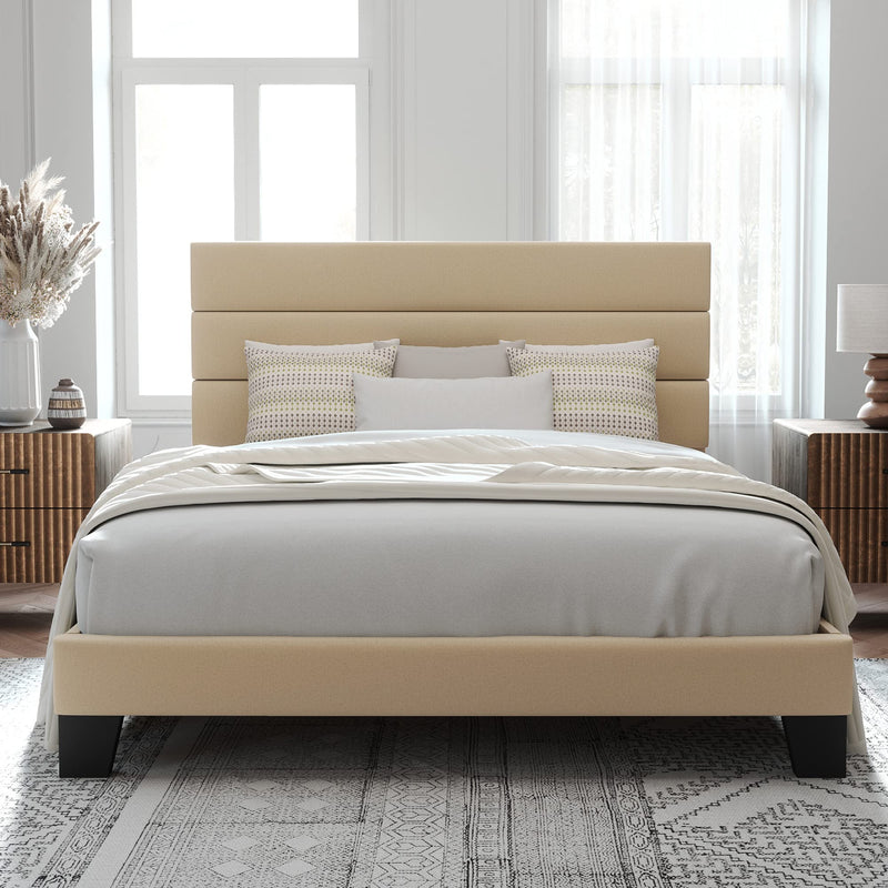 Queen Size Platform Bed Frame with Fabric Upholstered Headboard and Wooden Slats Support