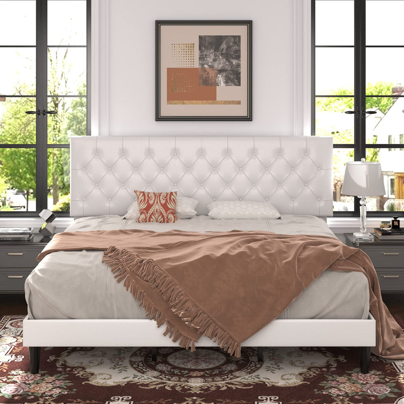 King Bed Frame with Adjustable Diamond Stitched Button Tufted Headboard/Faux Leather