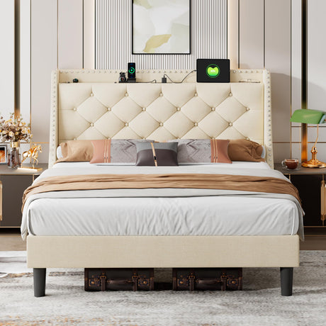 Queen Bed Frame with 16" Deluxe Wingback & USB & Type-C Ports