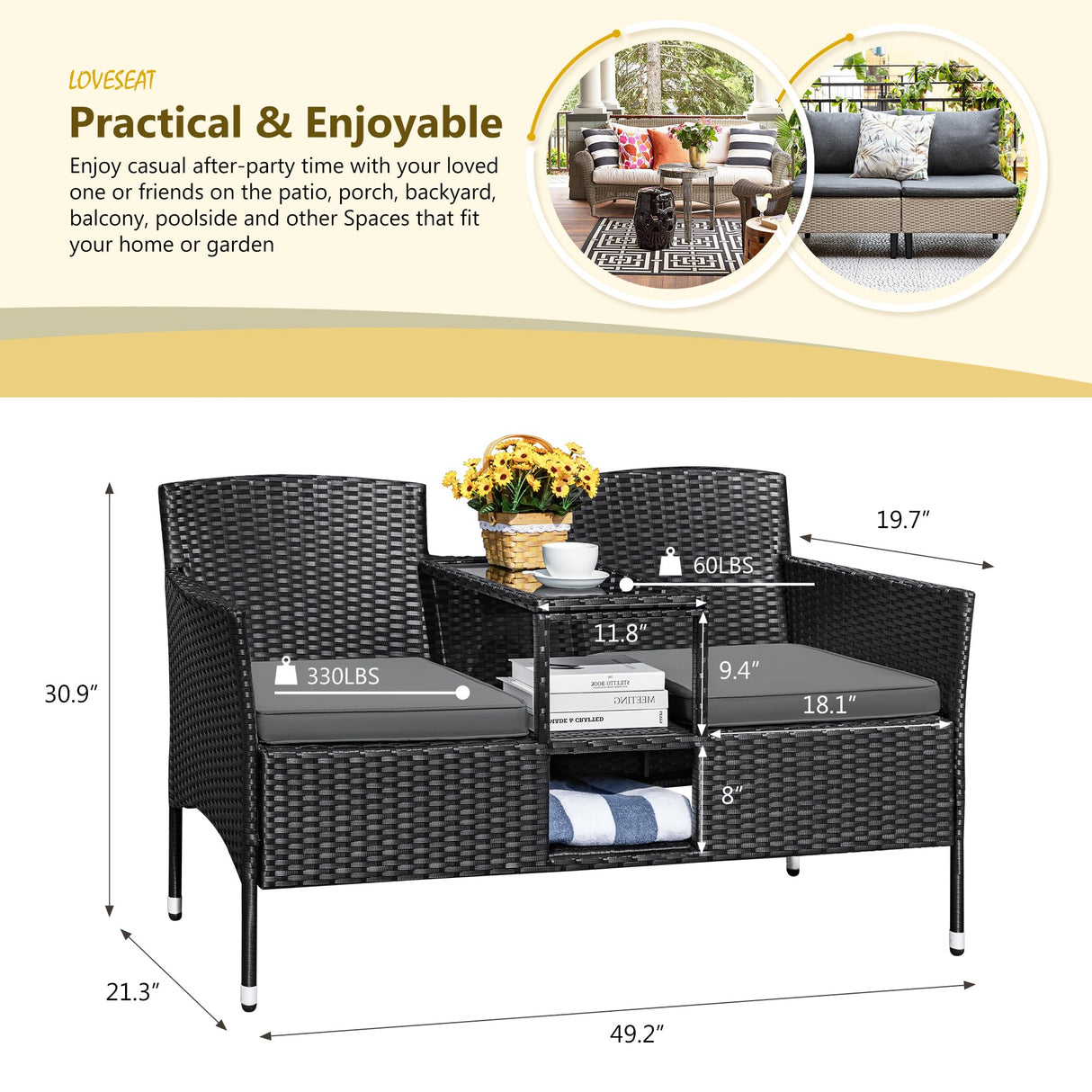 Outdoor Patio Loveseat Modern Rattan 2-Seat Patio Conversation Set