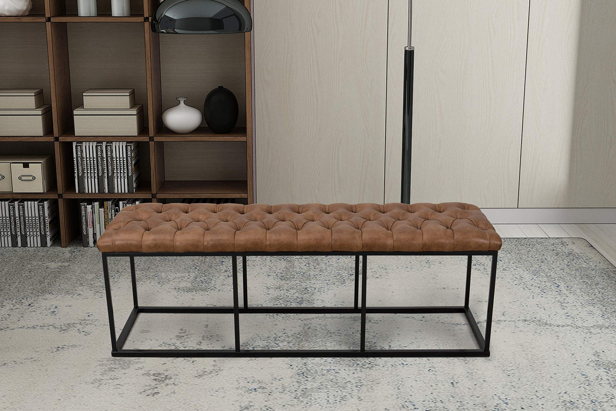 Faux Leather Button Tufted Decorative Bench with Metal Base, Brown