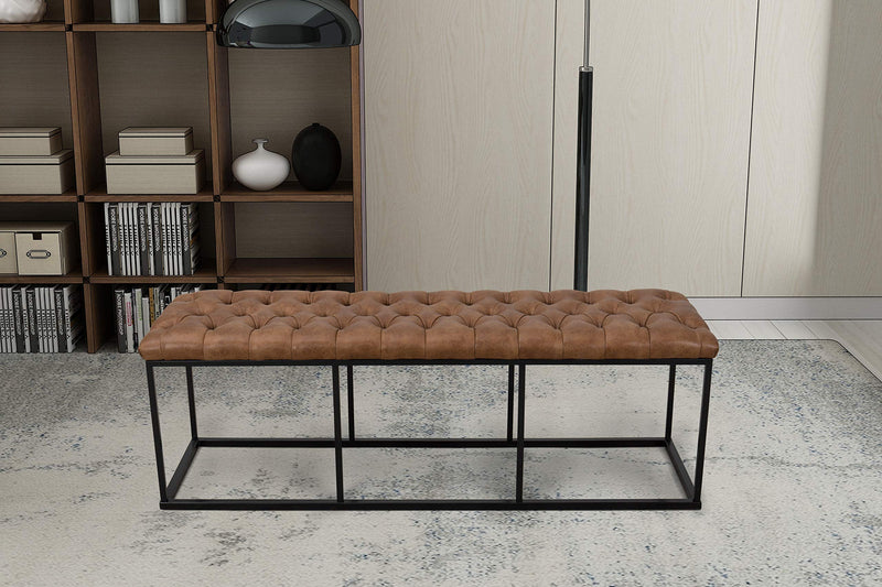 Faux Leather Button Tufted Decorative Bench with Metal Base, Brown